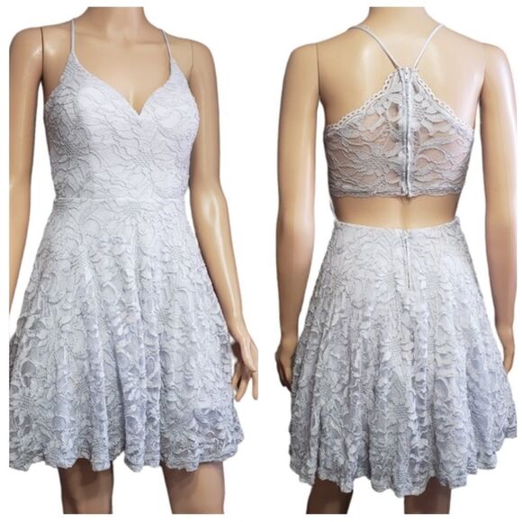 B Darlin Dresses & Skirts - B. Darlin Gray Sparkly Lace Cutout Back Mini Flare with Tutu Dress Sz 1/2